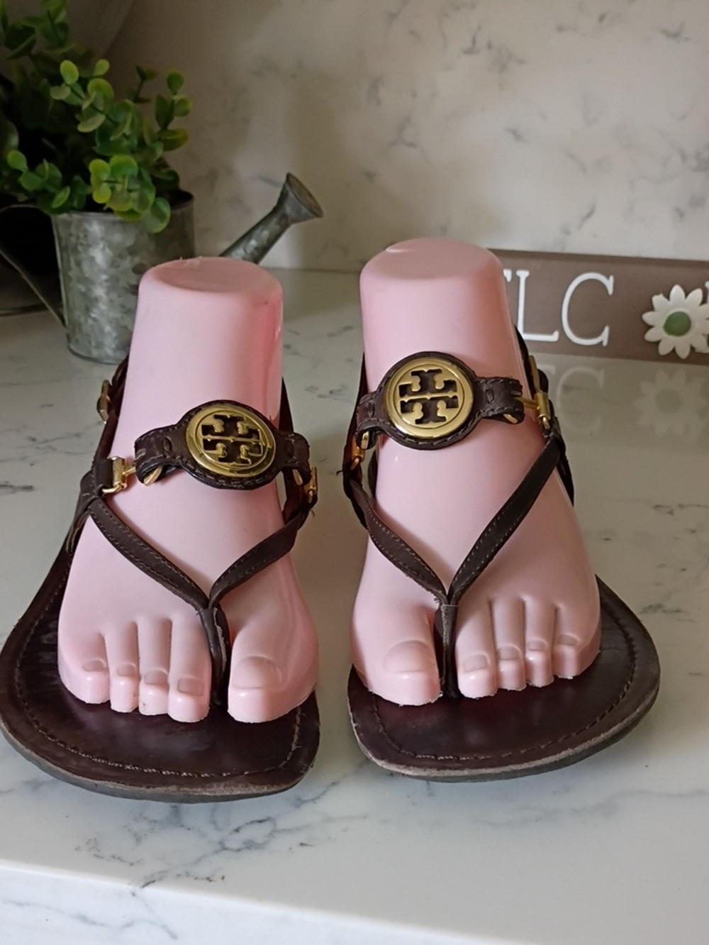 Tory Burch Brown Leather Sandals with Gold Logo Medallions